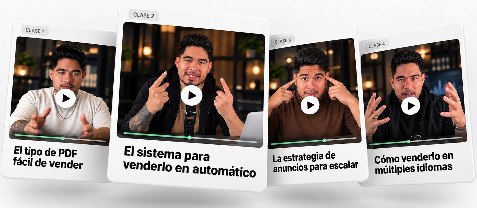 Las 4 clases de tu plan: el tipo de PDF fácil de vender, el sistema para venderlo en automático, la estrategia de anuncios para escalar y cómo venderlo en múltiples idiomas